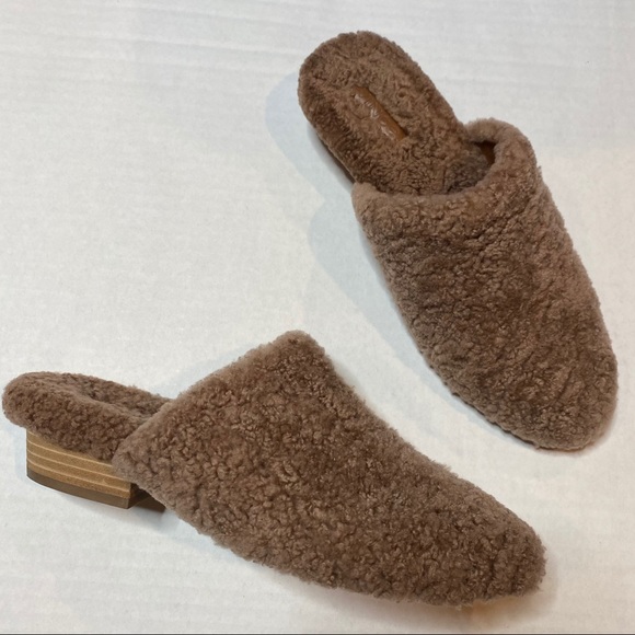 Vince Gaia Shearling Sherpa Mules Block Heel Tan - Picture 5 of 10